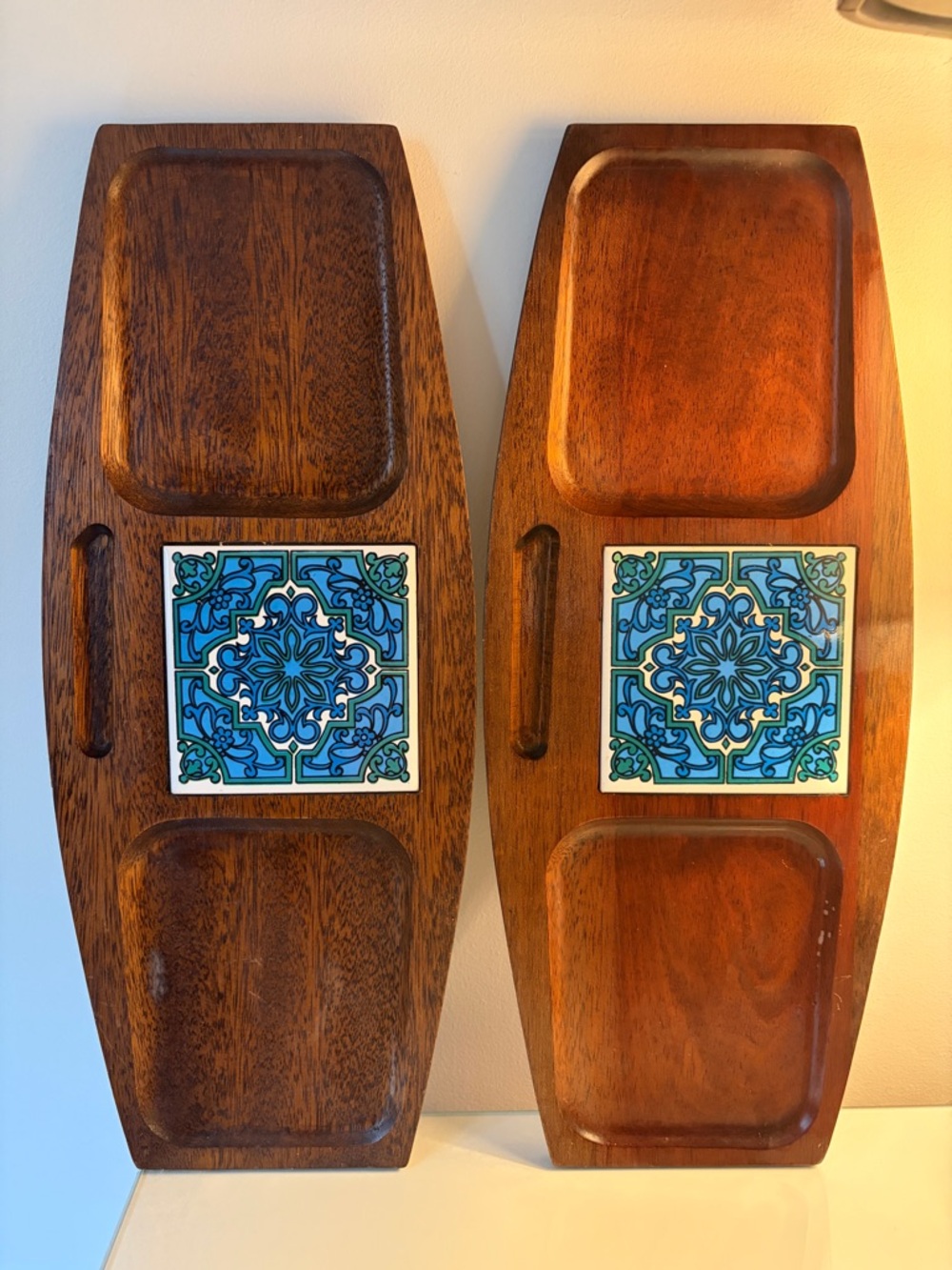 2 X 1960s Mid century hand carved cheese board, enamel ceramic tile. Japan.